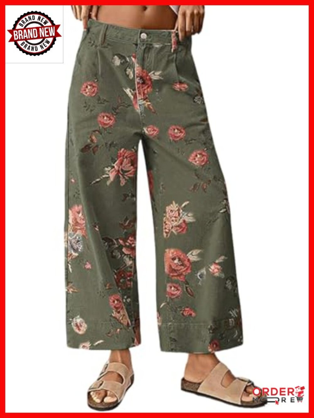 Wide Leg Cropped Floral Jeans Distressed Mid Rise Denim Capris